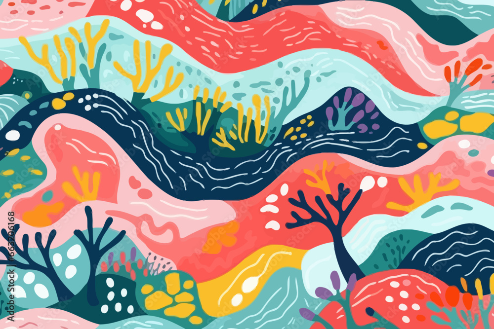 Streams and rivers quirky doodle pattern, wallpaper, background, cartoon, vector, whimsical Illustration