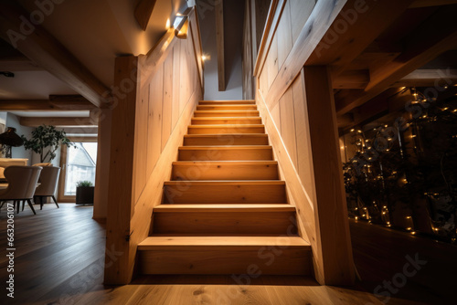 Wooden staircase to first floor inside contemporary house. Generative AI