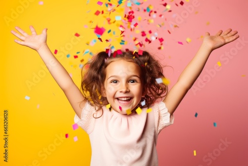 celebrate wonderful festive party laugh smile happiness young girl enjoy dance with confetti paper shoot against on color paper backdrop