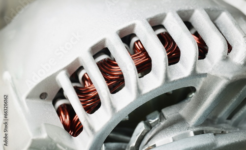 Close-up of electric motor stator, winding coil, electric induction motor under repairing, armature detail. Fixation, repair, replacement, detail concept