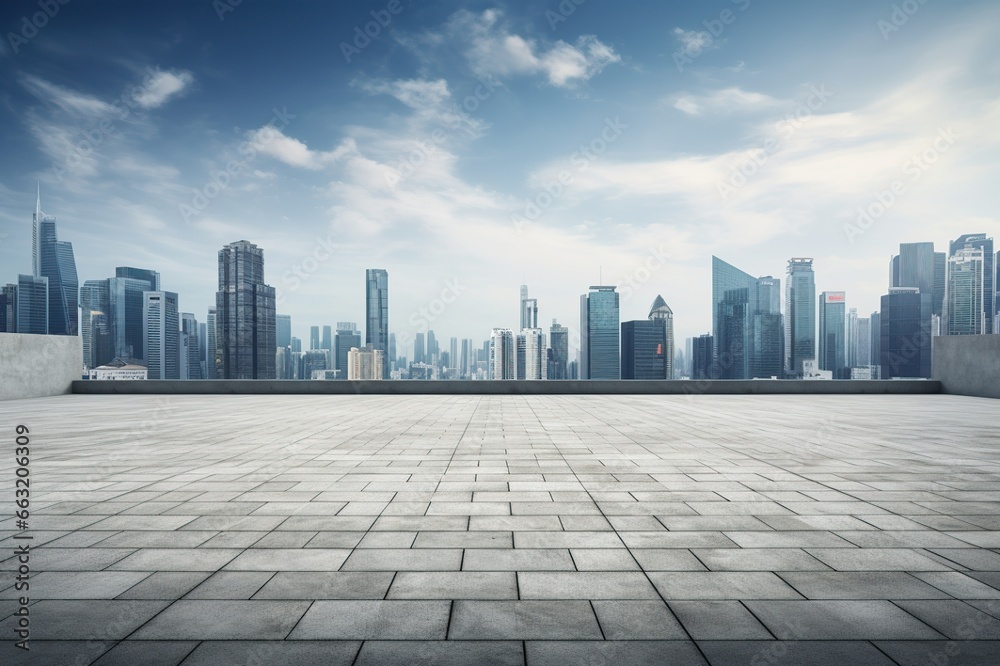 View of empty square floor and city skyline with building background. Generative AI View of empty square floor and city skyline with building background. Generative AI