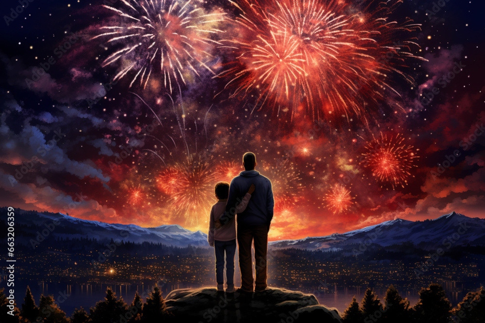 photo of family launched fireworks, lighting up the night sky with bursts of color celebrate new year's.