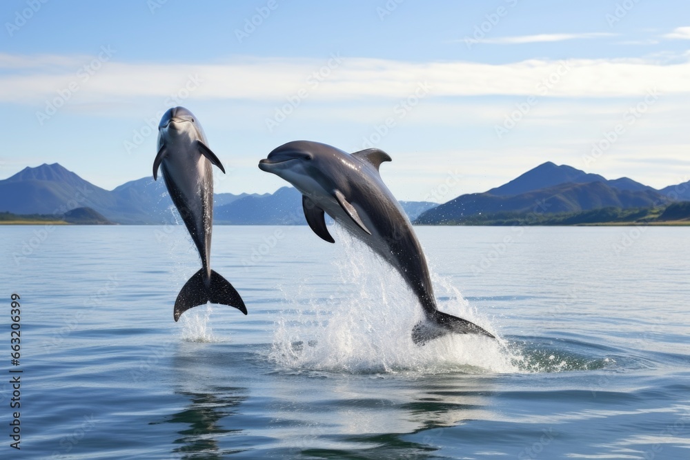 Fototapeta premium two dolphins jumping out of water together