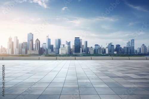 View of empty square floor and city skyline with building background. Generative AI © Vilaysack