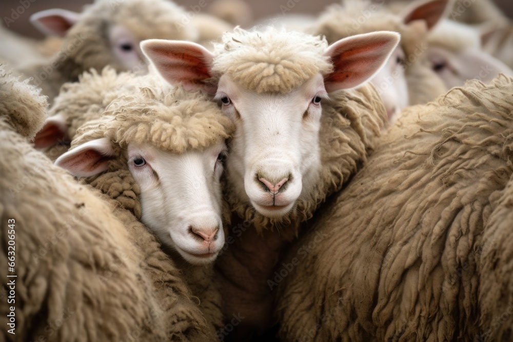 Obraz premium a group of sheep huddled together for warmth