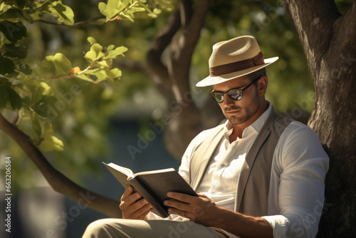 man attentively read a classic novel under the shade of a tree.