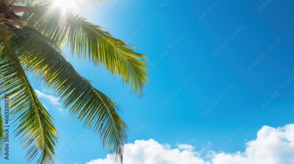 Leaves of palm tree again blue sky background