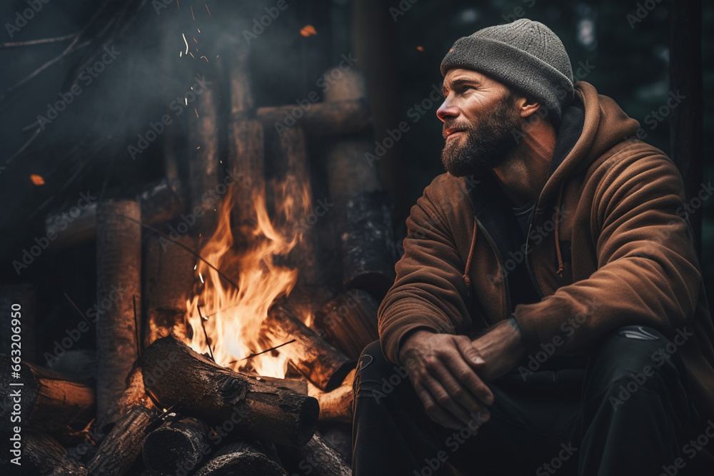 Man sat by the campfire.