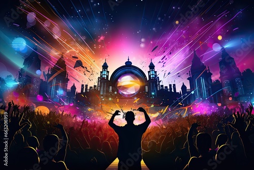 Dancing people in front of a music show. Vector illustration, dj night club party rave with the crowd in music festival, AI Generated photo