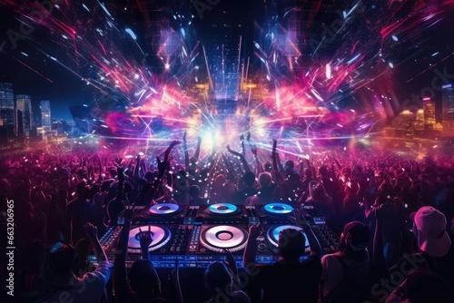 Crowd at a night club with a dj playing music in front of the stage, dj night club party rave with the crowd in music festival, AI Generated