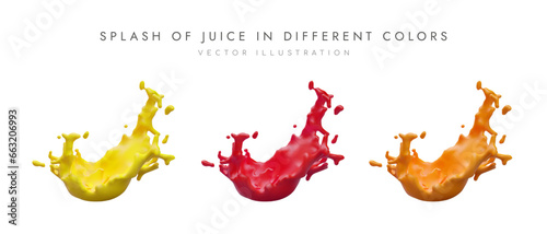 Set of splash of juice in yellow, red and orange colors. Poster for company selling different beverages. Colorful liquid concept. Vector illustration with place for text