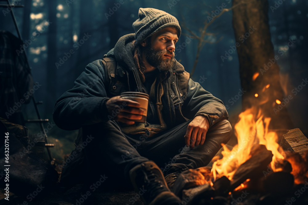 Man sat by the campfire.