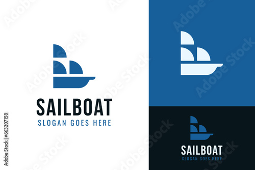 Simple Sail Boat Ship with 3 Sails Marine Nautical Journey Ocean Sea Logo Design Branding Template