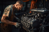 man He skillfully repaired the engine of his vintage car in the garage.