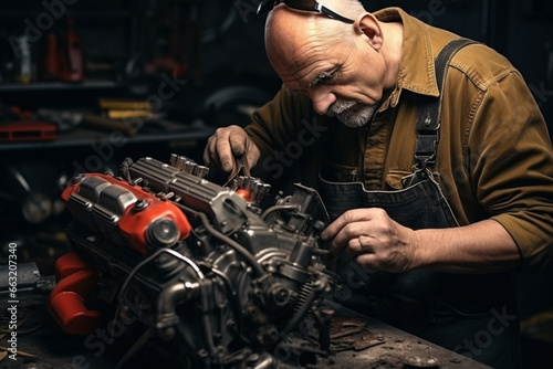 man He skillfully repaired the engine of his vintage car in the garage. © STBSTD