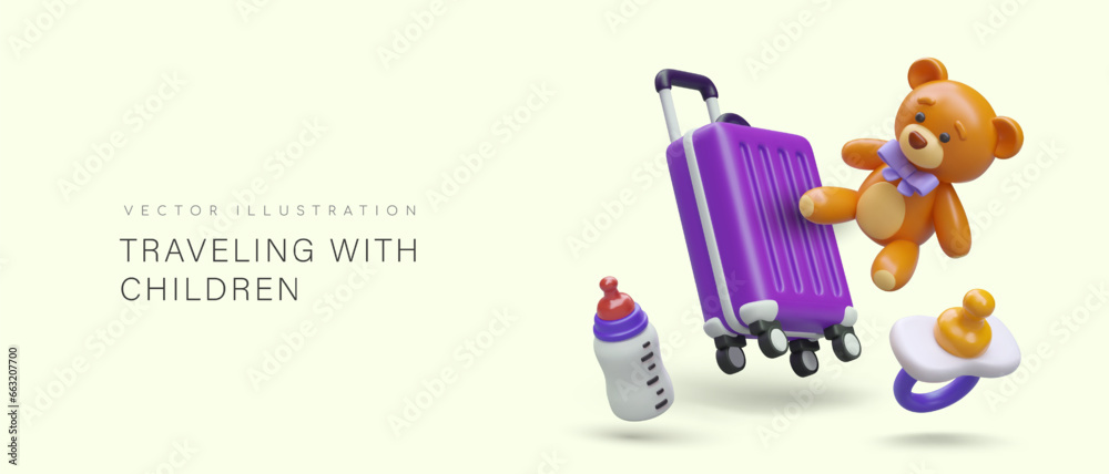 Fototapeta premium Concept of traveling with children. Kids accessories for vacations and flights. Realistic suitcase, teddy bear, pacifier, feeding bottle. Space for advertising text