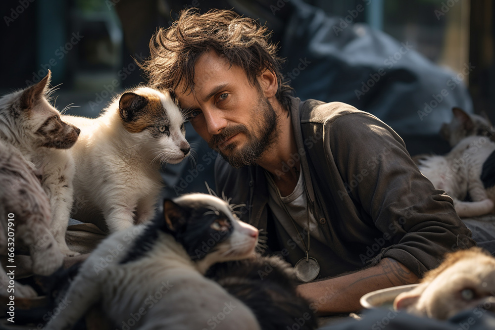 Obraz premium man He volunteered at the local animal shelter, caring for abandoned dogs and catsใ