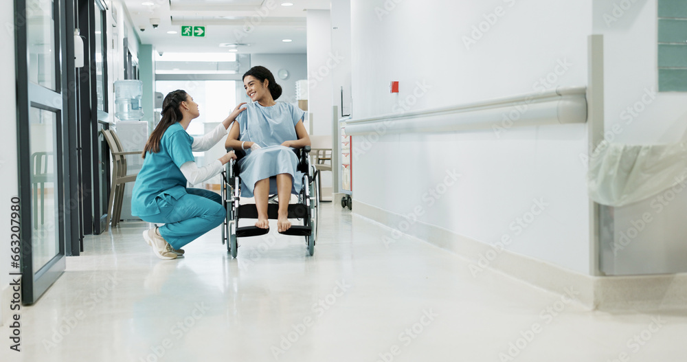 Doctor, wheelchair patient and talking people consulting over healthcare service, wellness surgery or medical support. Clinic, help and medical expert, nurse or surgeon chat to person with disability - obrazy, fototapety, plakaty 