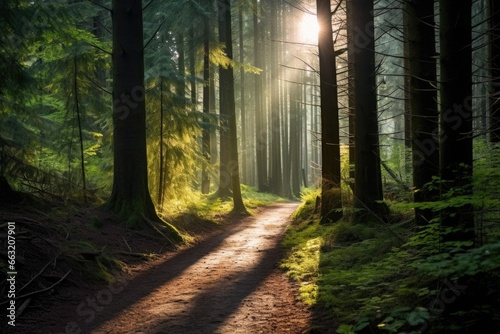 silent forest path with sunlight beam breaking through trees