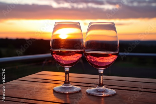 two wine glasses with a backdrop of a sunrise