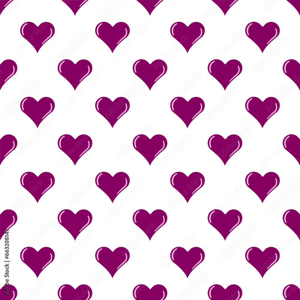 Trendy seamless pattern of purple hearts on a light background.