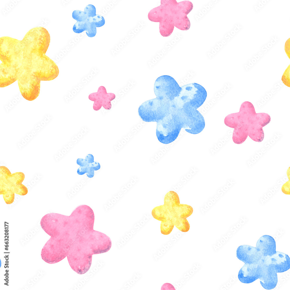 Seamless pattern of big and small cute colorful stars Watercolor hand drawn illustration for various design, decorating background, kids birthday and party, textile making, packaging, wrapping paper. Seamless pattern of big and small cute colorful stars Watercolor hand drawn illustration for various design, decorating background, kids birthday and party, textile making, packaging, wrapping paper.