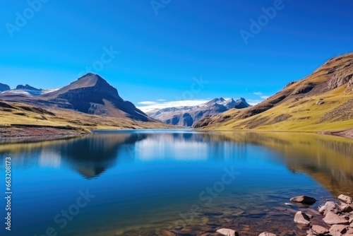 mountain surrounded by a tranquil lake under a blue sky