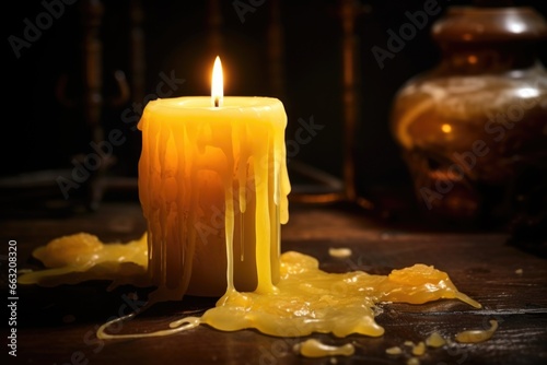 snuffed candle with wax drippings on the table photo