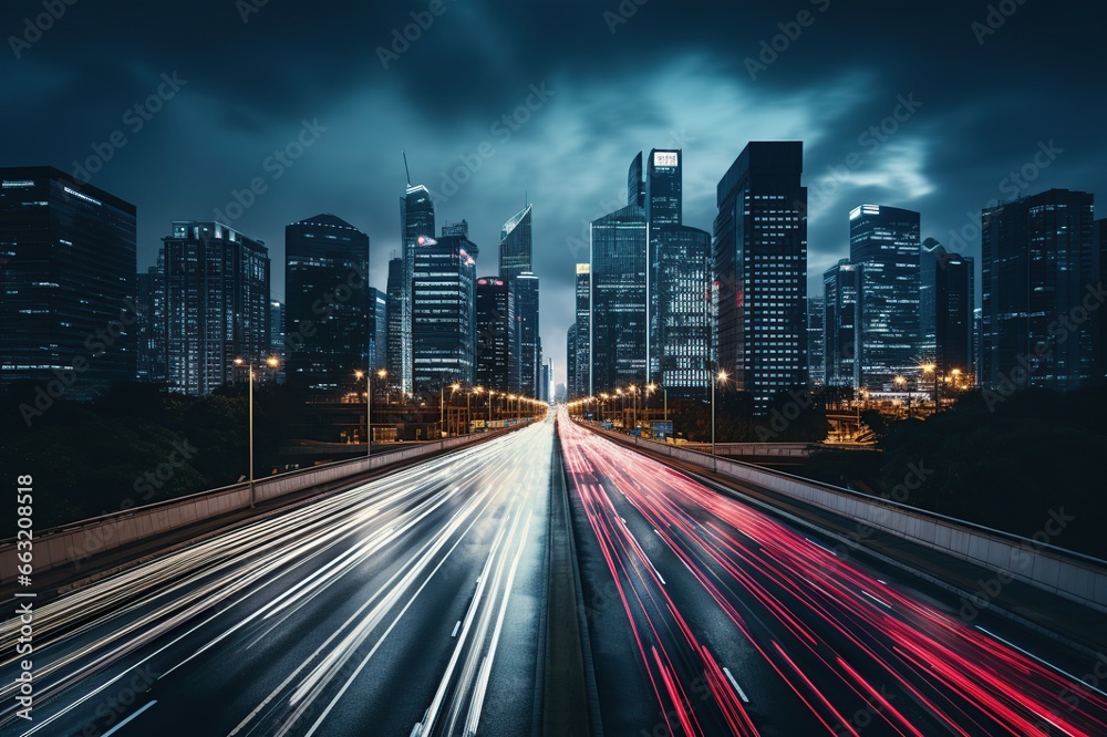 Animated Abstract City Blur. Moving cars with blurred lights through the city at night. Generative AI