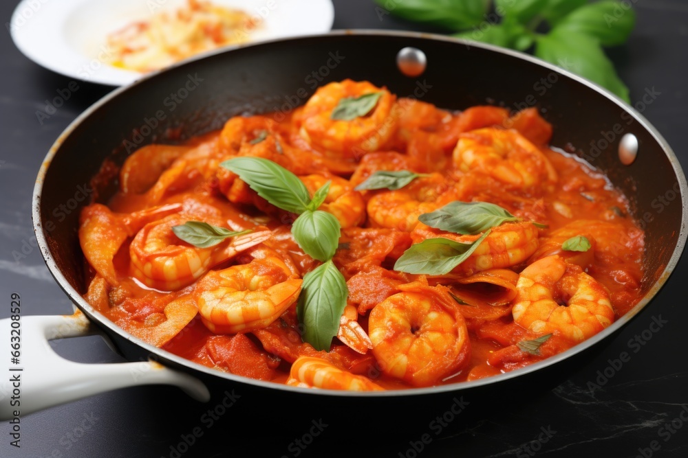 freshly cooked prawns in spicy tomato sauce