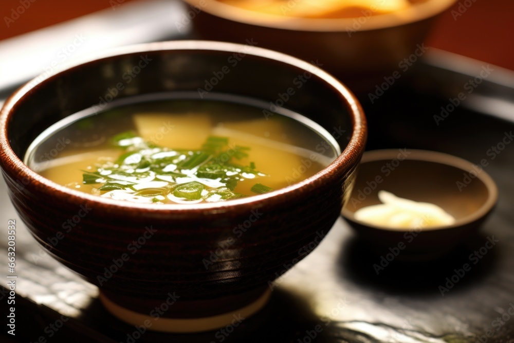a close-up shot of a bowl of miso soup