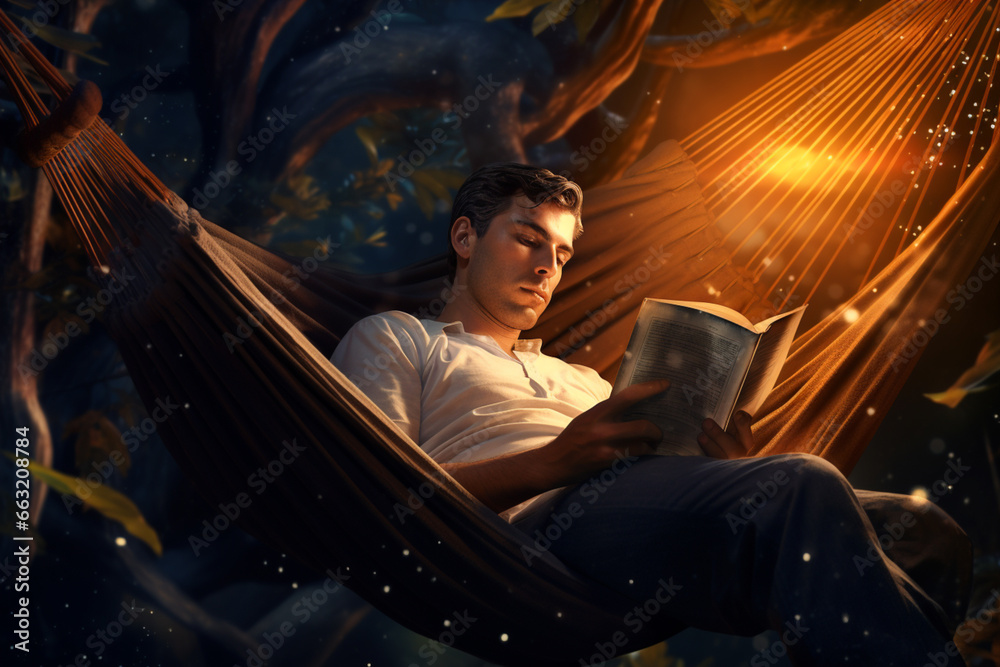 man relaxed in a hammock, reading a science fiction novel.