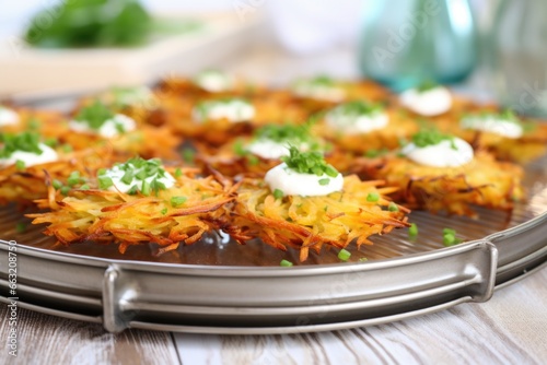 close-up of latkes on a serving dish