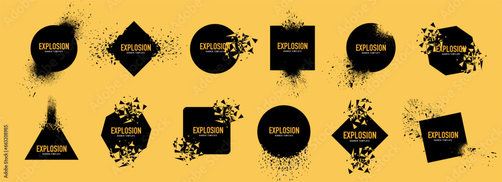Explosion abstract geometric shapes. Explosion destruction, shattered geometric shapes. Abstract shatter burst. Set of broken smashed pieces, specks, speckles