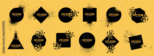 Explosion abstract geometric shapes. Explosion destruction, shattered geometric shapes. Abstract shatter burst. Set of broken smashed pieces, specks, speckles