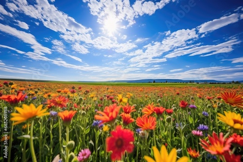wide-angle shot of a vibrant  blooming flower field