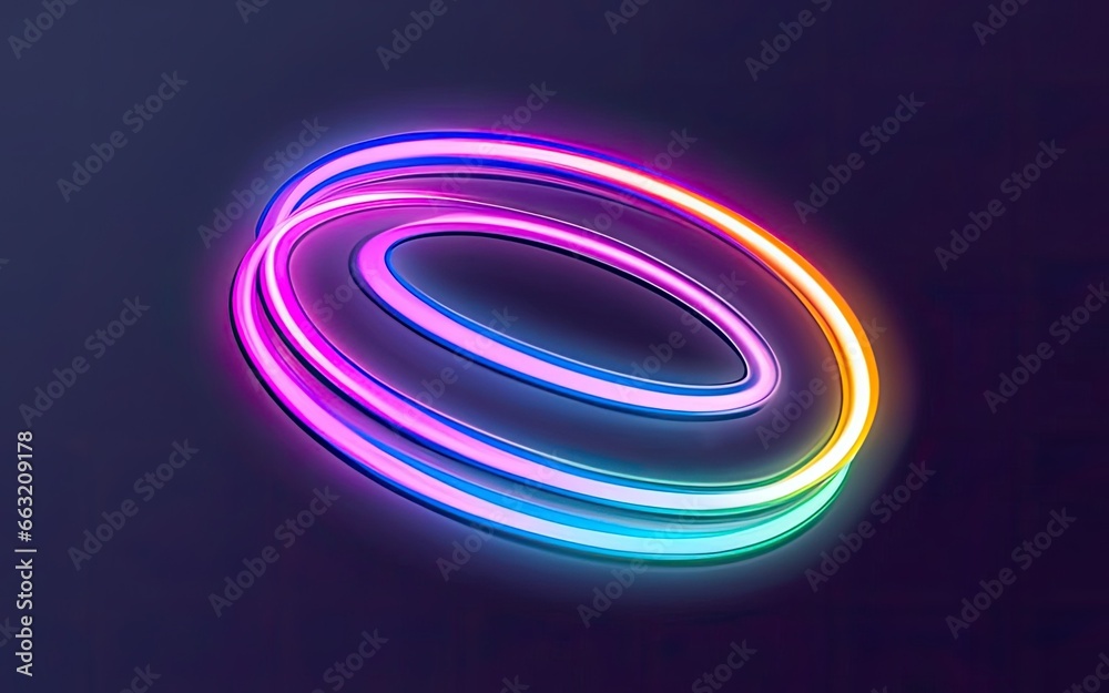 glowing neon color circles round curve shape with wavy dynamic lines with Generative AI.
