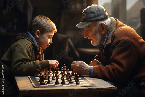 man played a friendly game of chess with his grandfather.