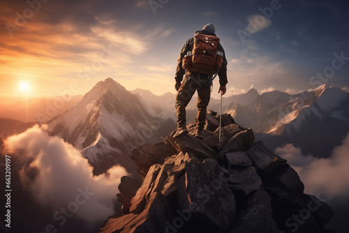 man With determination, he hiked to the summit of a towering mountain.