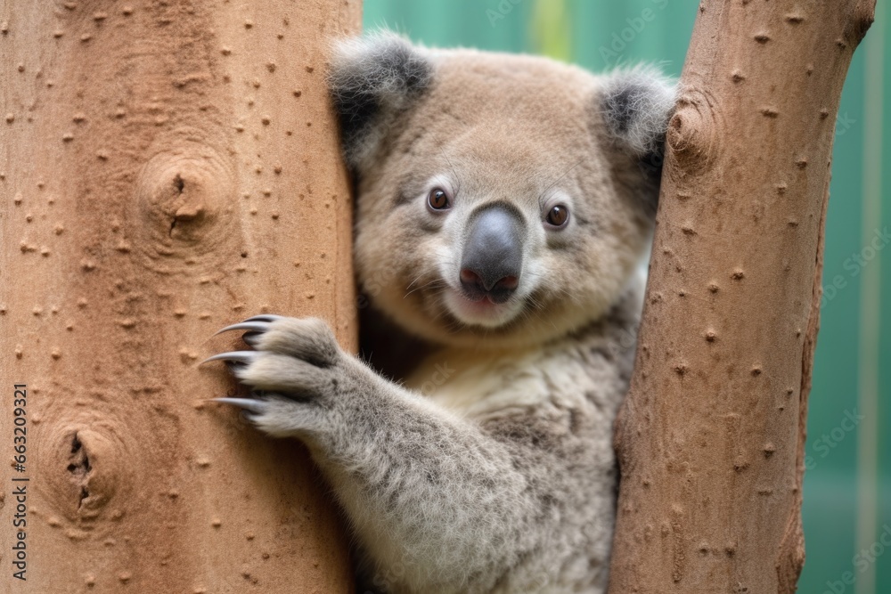 Fototapeta premium a koala clinging to a tall eucalyptus tree