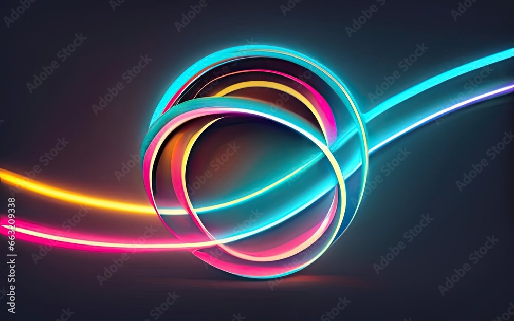 glowing neon color circles round curve shape with wavy dynamic lines with Generative AI. glowing neon color circles round curve shape with wavy dynamic lines with Generative AI.