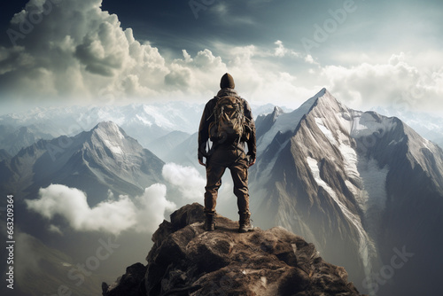 man With determination, he hiked to the summit of a towering mountain.