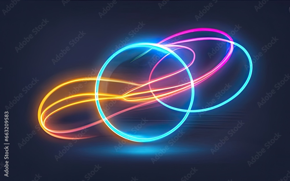 glowing neon color circles round curve shape with wavy dynamic lines with Generative AI. glowing neon color circles round curve shape with wavy dynamic lines with Generative AI.