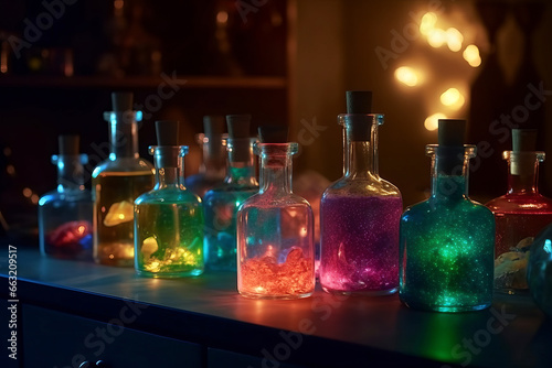 Magic alchemical colorful bottles, AI generated