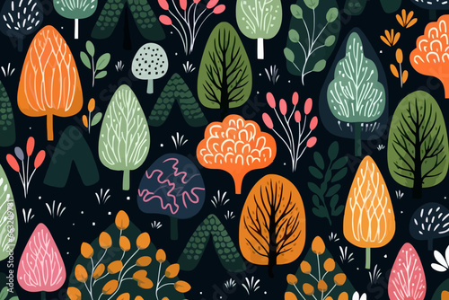 Forest landscapes quirky doodle pattern, wallpaper, background, cartoon, vector, whimsical Illustration