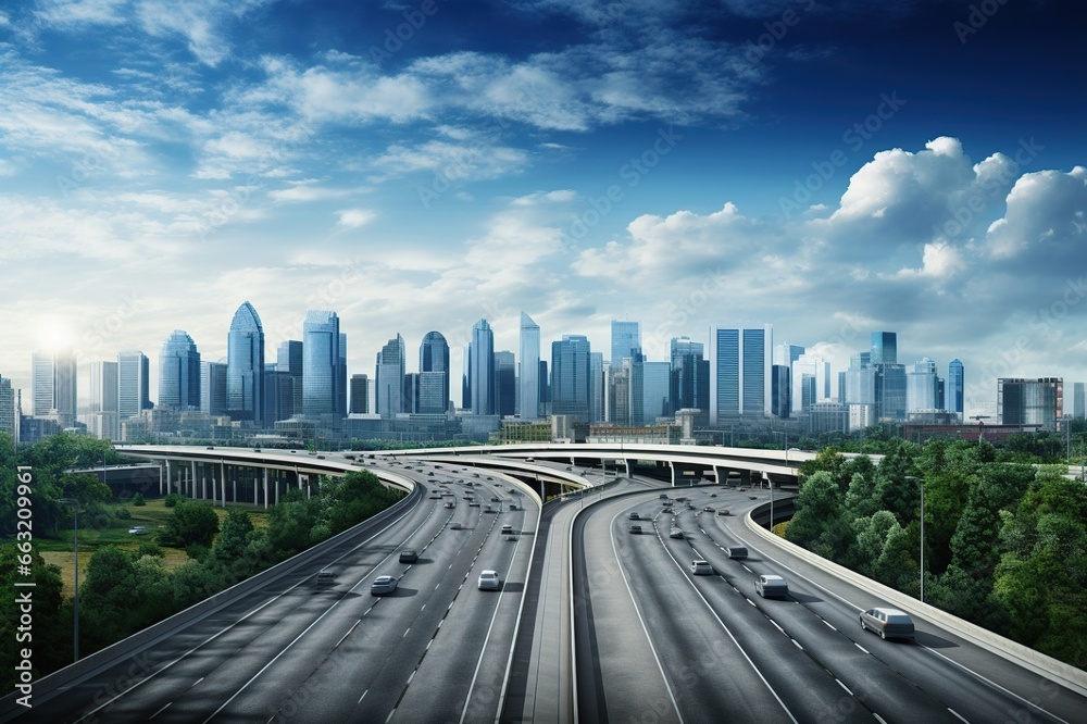 Fototapeta premium Traffic in the city at sunset. generative ai