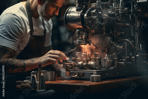 man With precision, he brewed a delicious cup of coffee using his espresso machine.