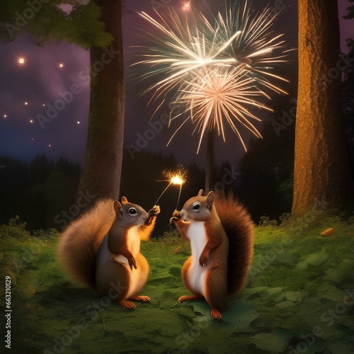 A gang of squirrels launching acorn fireworks into the night sky in a woodland celebration2 photo