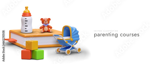Parenting courses. Online classes for young dad and mom. Information about child care, physical and mental health of baby. Vector template on white background