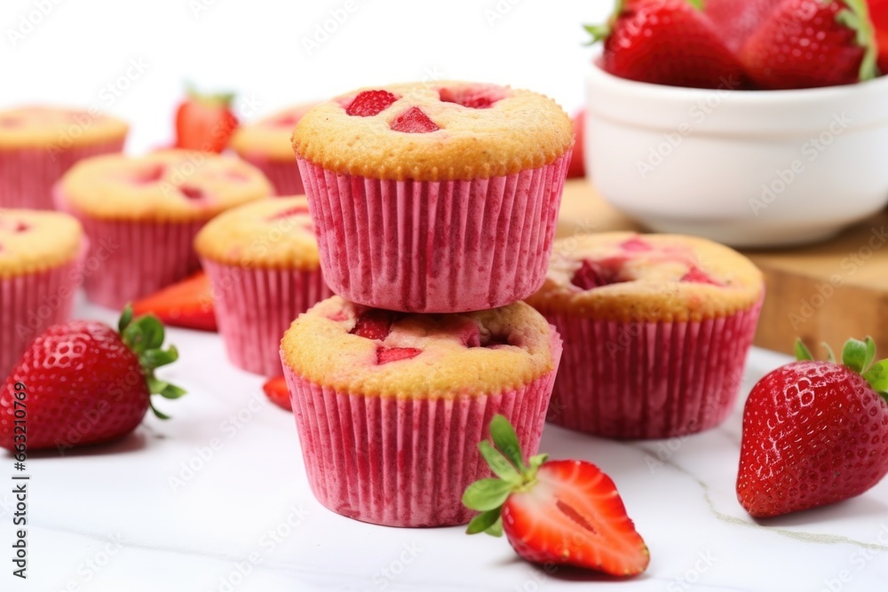 gluten-free strawberry muffins with fresh strawberries scattered around gluten-free strawberry muffins with fresh strawberries scattered around